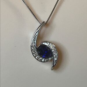 Lab Grown Blue and White Sapphire pendant Necklace in Sterling Silver 18”